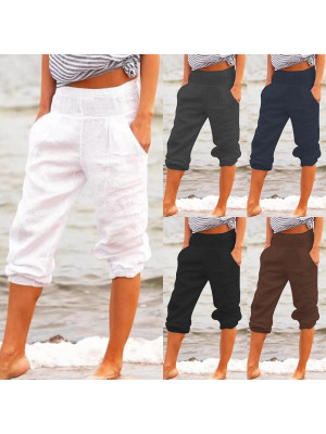 Women's Ladies Summer Cotton Linen Capri Trousers 3/4 Length Women Cropped Pants