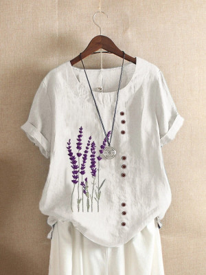 Women Summer Short Sleeve Loose Tops Cotton linen T-shirt Blouse Plus Size