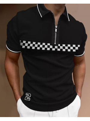 Mens Short Sleeve Polo Shirts Casual Business Golf Zipper Slim Fit Tops T-shirt