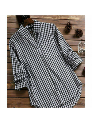 Womens Ladies Long Sleeve Check Plaid Loose Casual Shirt Tops Blouse Plus Size