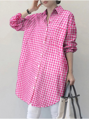 Womens Ladies Long Sleeve Check Plaid Loose Casual Shirt Tops Blouse Plus Size