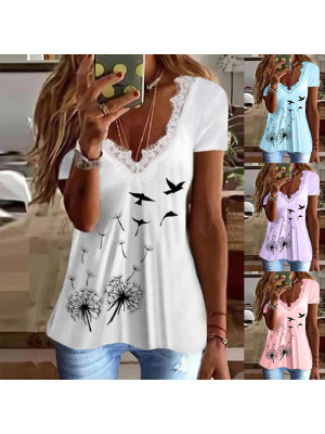 Plus Size Women Summer Lace Swing Tops T-Shirt Ladies V Neck Casual Tunic Blouse