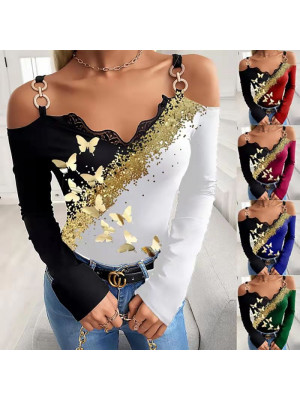 Womens Long Sleeve Bronzing Butterfly Blouse Tops OL Ladies V Neck Sexy Shirts