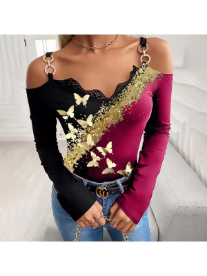 Womens Long Sleeve Bronzing Butterfly Blouse Tops OL Ladies V Neck Sexy Shirts