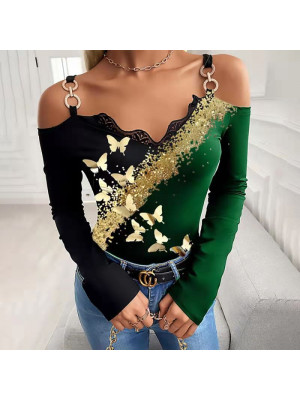 Womens Long Sleeve Bronzing Butterfly Blouse Tops OL Ladies V Neck Sexy Shirts