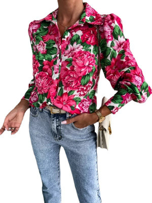 Women V Neck Long Sleeve Print Blouse Tops Ladies Autumn Casual Pullover T-Shirt