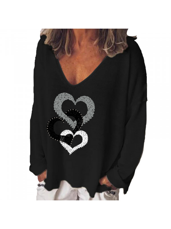 Womens Heart Print Tunic Long Tops Long Sleeve Blouse Ladies Plus Size T Shirt