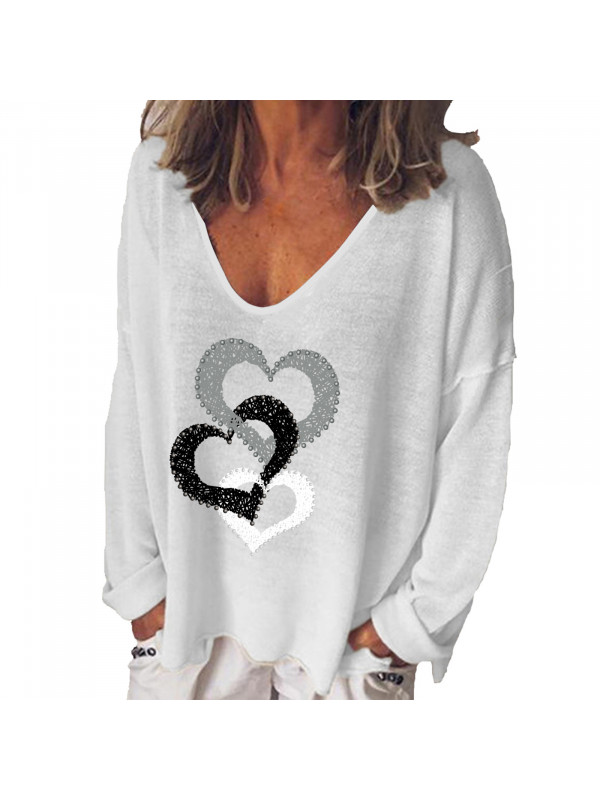 Womens Heart Print Tunic Long Tops Long Sleeve Blouse Ladies Plus Size T Shirt