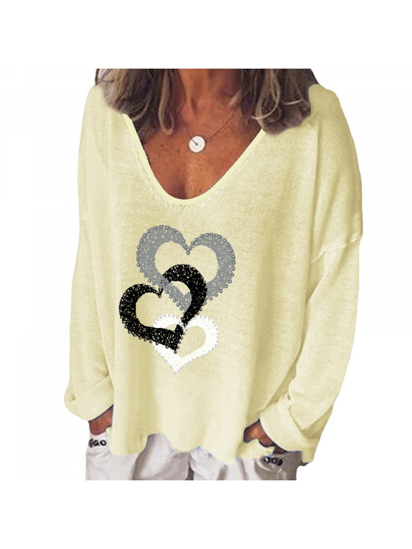 Womens Heart Print Tunic Long Tops Long Sleeve Blouse Ladies Plus Size T Shirt