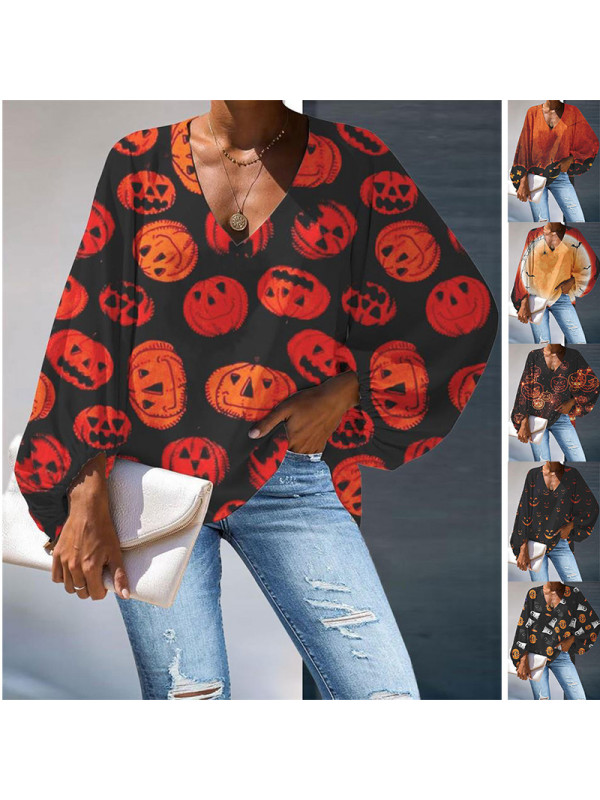 Womens Halloween Pumpkin Print Pullover T Shirt Ladies Casual Loose Blouse Tops