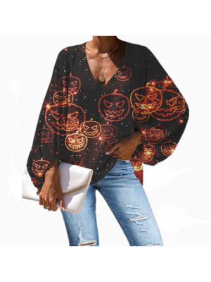 Womens Halloween Pumpkin Print Pullover T Shirt Ladies Casual Loose Blouse Tops