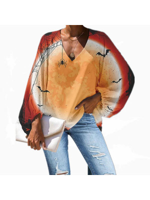 Womens Halloween Pumpkin Print Pullover T Shirt Ladies Casual Loose Blouse Tops