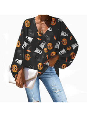 Womens Halloween Pumpkin Print Pullover T Shirt Ladies Casual Loose Blouse Tops