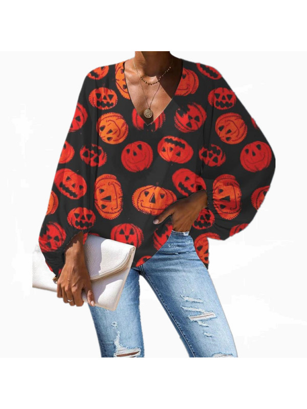 Womens Halloween Pumpkin Print Pullover T Shirt Ladies Casual Loose Blouse Tops