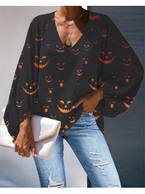 Womens Halloween Pumpkin Print Pullover T Shirt Ladies Casual Loose Blouse Tops