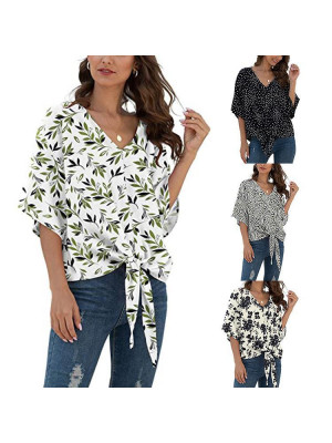 Womens Leaf Print V Neck T-shirt Tops Ladies Long Sleeve Casual Loose Blouse