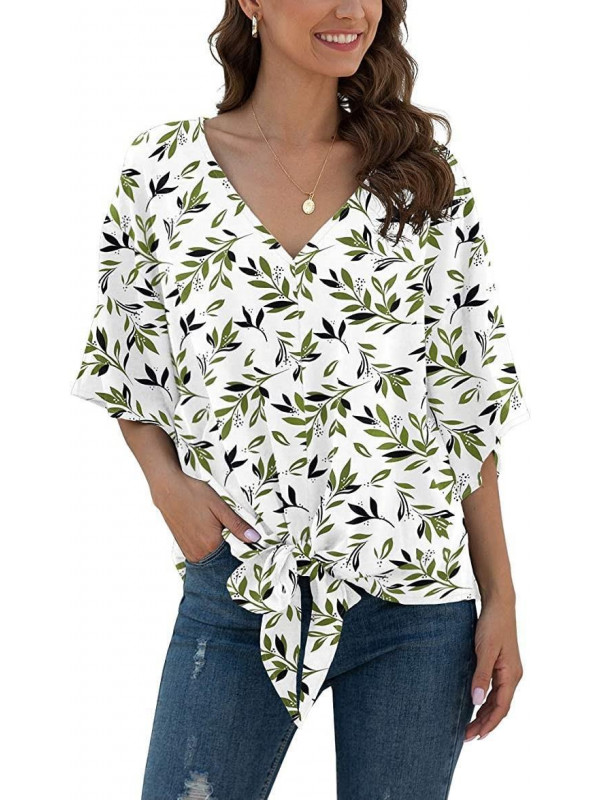 Womens Leaf Print V Neck T-shirt Tops Ladies Long Sleeve Casual Loose Blouse