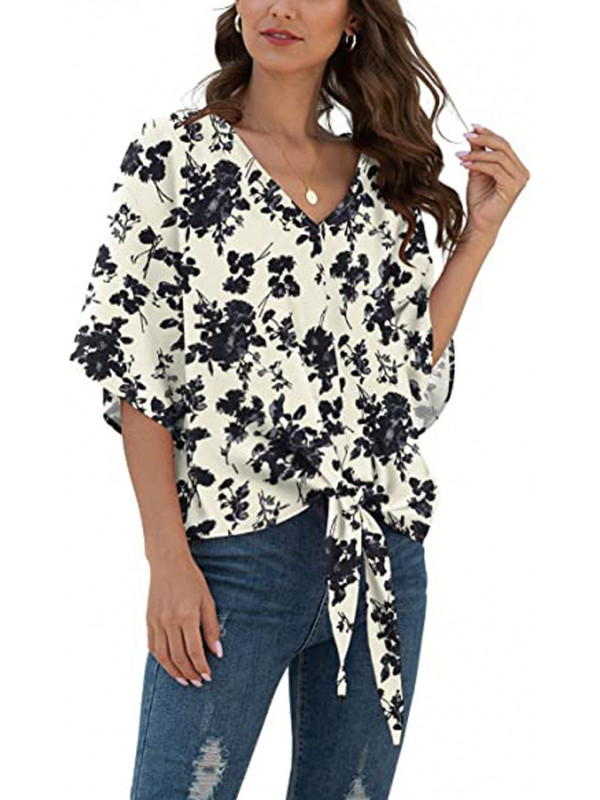 Womens Leaf Print V Neck T-shirt Tops Ladies Long Sleeve Casual Loose Blouse