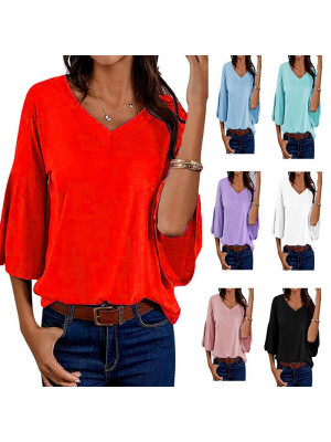 Womens Plain Casual V Neck T-Shirt Ladies Long Trumpet Sleeve Loose Tee Tops