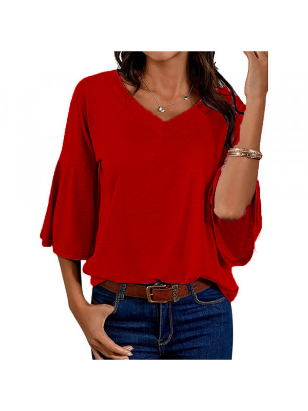 Womens Plain Casual V Neck T-Shirt Ladies Long Trumpet Sleeve Loose Tee Tops