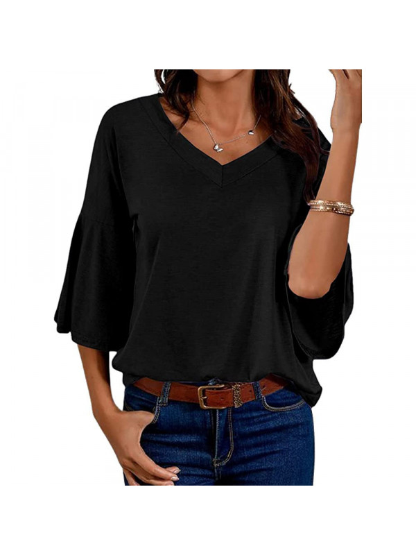 Womens Plain Casual V Neck T-Shirt Ladies Long Trumpet Sleeve Loose Tee Tops