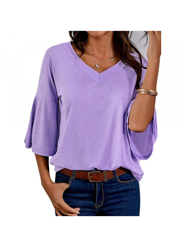 Womens Plain Casual V Neck T-Shirt Ladies Long Trumpet Sleeve Loose Tee Tops