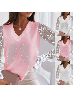 Ladies V Neck Long Lace Sleeve T Shirt Tops Womens Diamond  Printed Blouse Tee