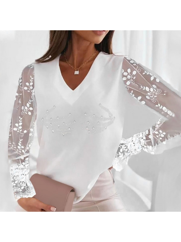 Ladies V Neck Long Lace Sleeve T Shirt Tops Womens Diamond  Printed Blouse Tee