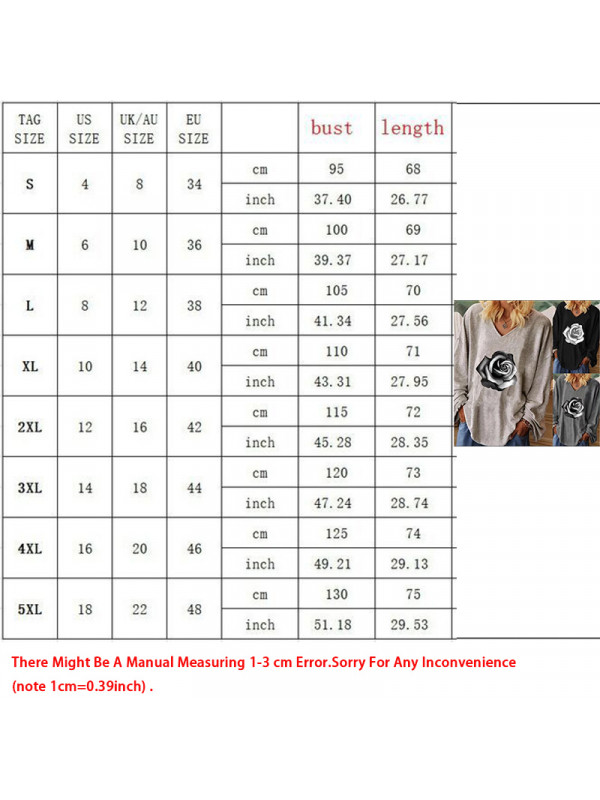 Womens Ladies Long Sleeve Oversized Rose Print T-Shirt Loose Casual Blouse Tops