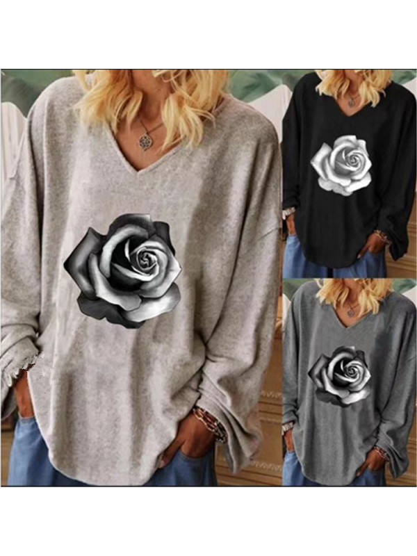 Womens Ladies Long Sleeve Oversized Rose Print T-Shirt Loose Casual Blouse Tops