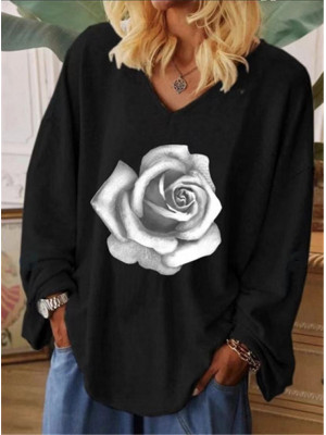 Womens Ladies Long Sleeve Oversized Rose Print T-Shirt Loose Casual Blouse Tops