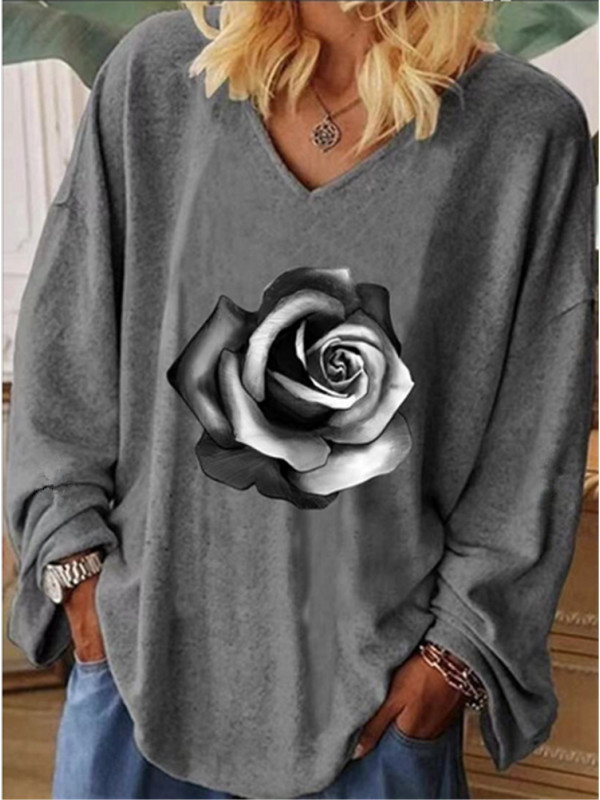 Womens Ladies Long Sleeve Oversized Rose Print T-Shirt Loose Casual Blouse Tops