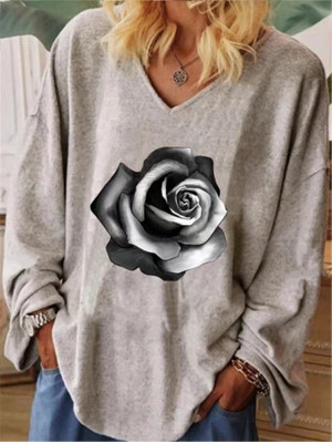 Womens Ladies Long Sleeve Oversized Rose Print T-Shirt Loose Casual Blouse Tops