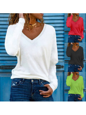 Womens Plain Long Sleeve Tops Ladies Casual Loose T Shirts Blouse V Neck Tee 