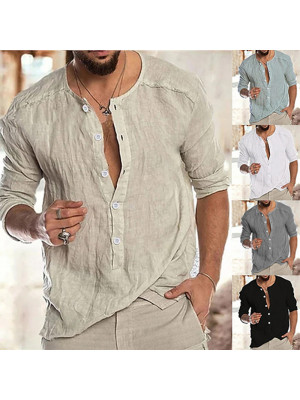 Mens Casual Grandad Collar Long Sleeve Henley Plain T-shirts Button Loose Shirt