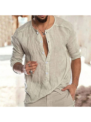 Mens Casual Grandad Collar Long Sleeve Henley Plain T-shirts Button Loose Shirt