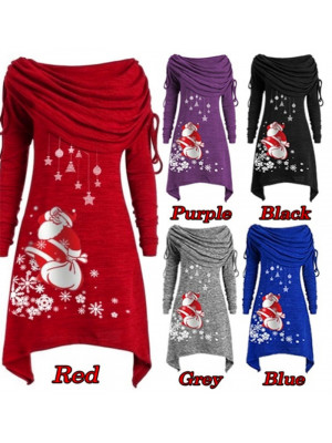 Womens Christmas Santa Long Sleeve Casual Loose Tops Tunic Shirt Mini Dress UK