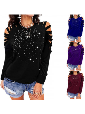 Womens Cold Shoulder Rhinestone Blouse Tops Ladies Long Sleeve Tee T Shirts