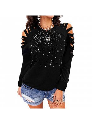 Womens Cold Shoulder Rhinestone Blouse Tops Ladies Long Sleeve Tee T Shirts