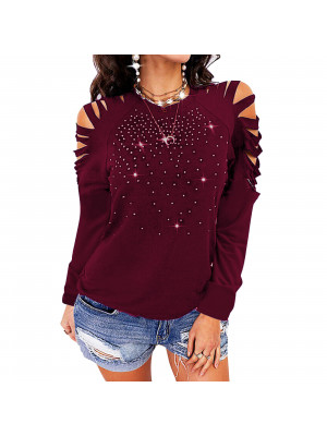 Womens Cold Shoulder Rhinestone Blouse Tops Ladies Long Sleeve Tee T Shirts