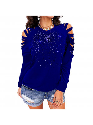 Womens Cold Shoulder Rhinestone Blouse Tops Ladies Long Sleeve Tee T Shirts