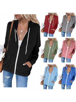 Ladies Plain Zip Up Hoodie Sweatshirt Womens Casual Loose Jacket Hooded Top UK