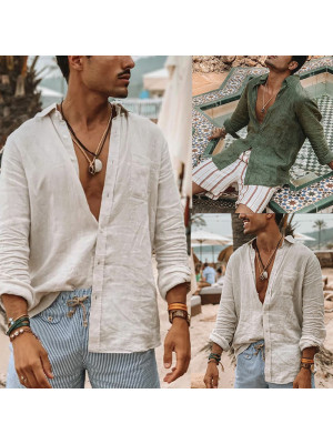 Mens Retro Casual Cotton Linen Long Sleeve V Neck T shirt Tops Blouse Loose Tee