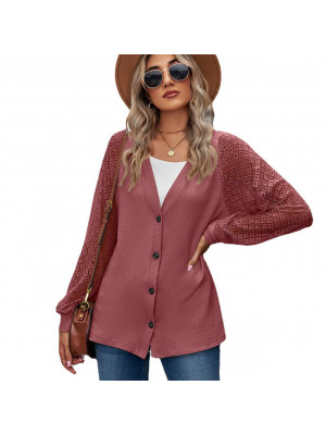 Ladies Long Sleeve Button T Shirt Tops Womens Plain Lace Stitching Blouse Tee