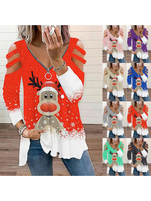 Womens Christmas T-Shirt Tops Long Sleeve V Neck Ladies Xmas Party Loose Blouse