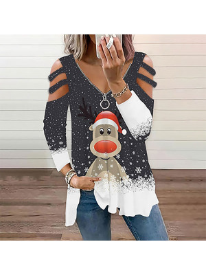 Womens Christmas T-Shirt Tops Long Sleeve V Neck Ladies Xmas Party Loose Blouse