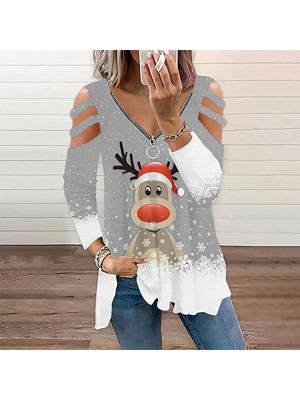 Womens Christmas T-Shirt Tops Long Sleeve V Neck Ladies Xmas Party Loose Blouse