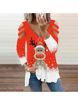 Womens Christmas T-Shirt Tops Long Sleeve V Neck Ladies Xmas Party Loose Blouse