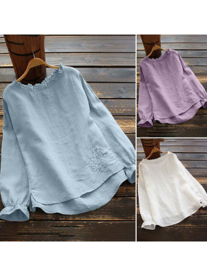 Ladies Long Sleeve Linen Blouse Womens Plain Baggy Tops Casual T-Shirt Cotton