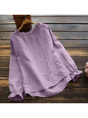 Ladies Long Sleeve Linen Blouse Womens Plain Baggy Tops Casual T-Shirt Cotton